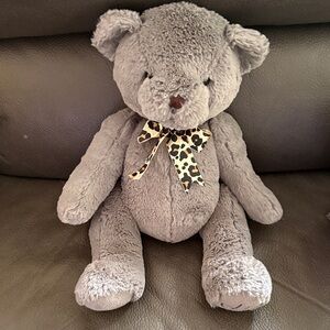 Dennis Basso plush gray bear with leopard bow